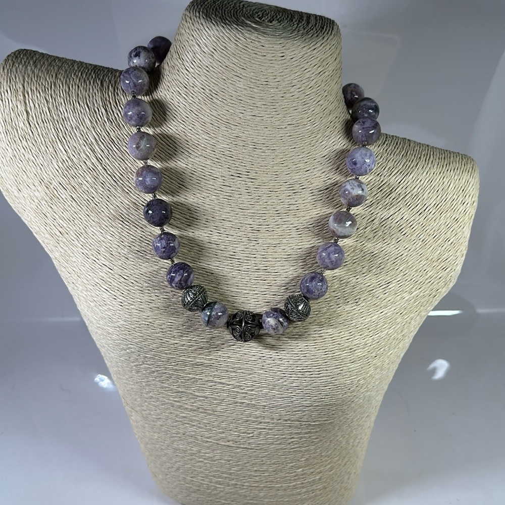 17” Native American Charoite Strand Sterling Silver Necklace